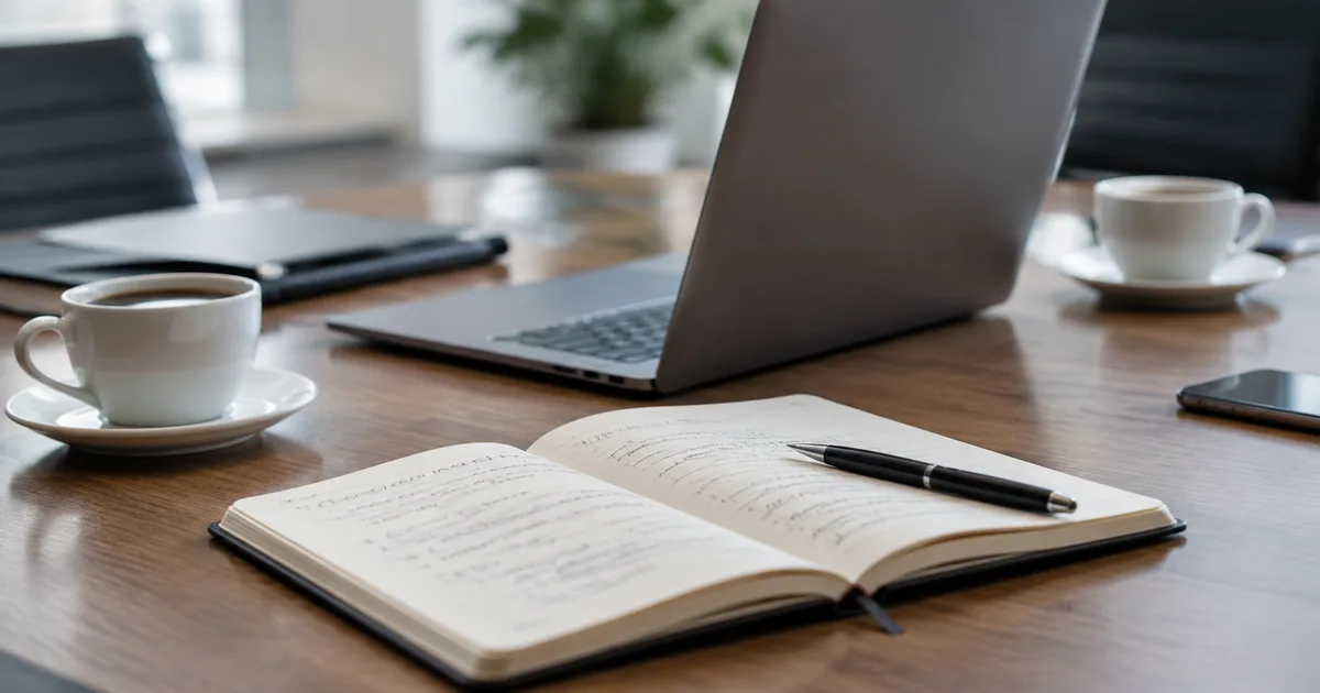 Cuaderno con notas manuscritas junto a una laptop en una reunión