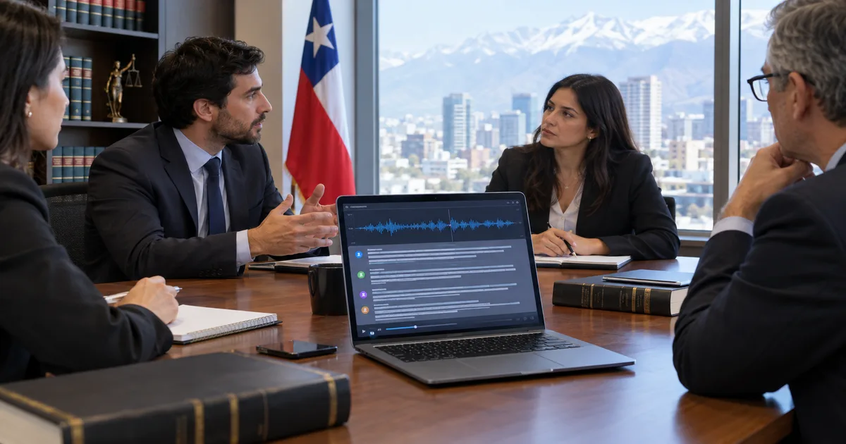 Reunión de abogados con un portátil que muestra la transcripción de la conversación