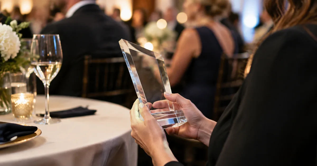 AI-generated image: hands holding a crystal trophy at a gala dinner with glasses and tables; illustrative scene with fictitious people
