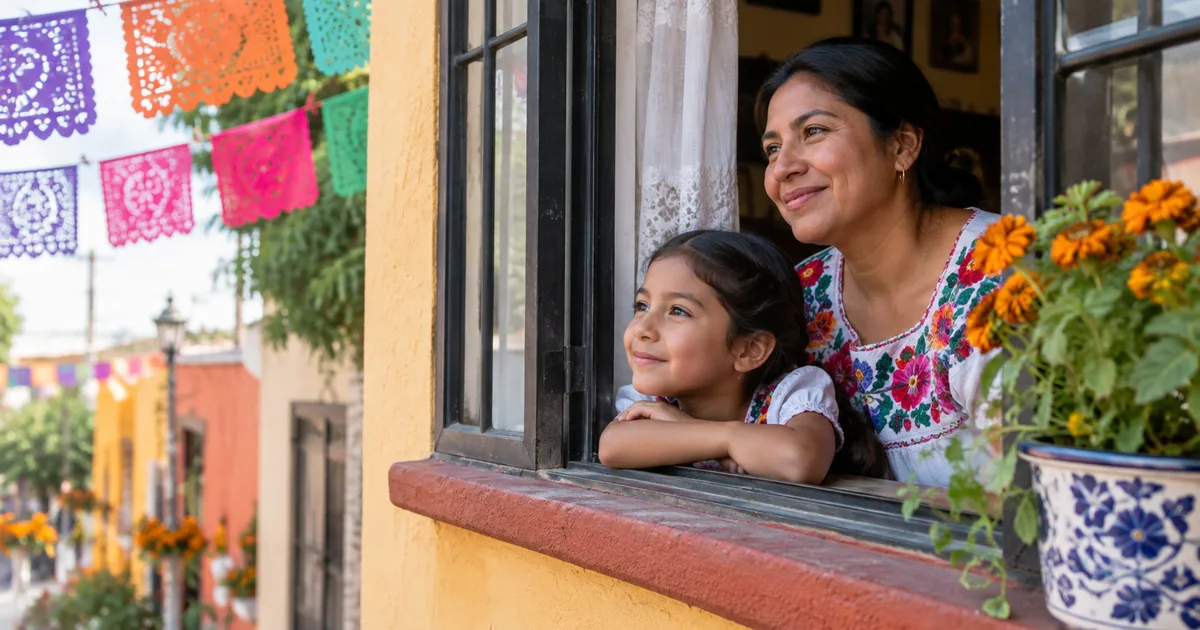 Imagen generada con IA: madre e hija en la ventana de una casa mexicana durante una festividad
