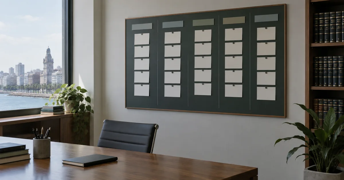 Imagen generada con IA: tablero digital con tarjetas de casos organizadas en columnas
