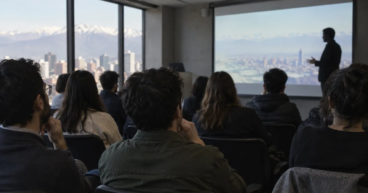 Imagen generada con IA: auditorio universitario con público esperando el inicio de una charla (escena ilustrativa con personas ficticias)