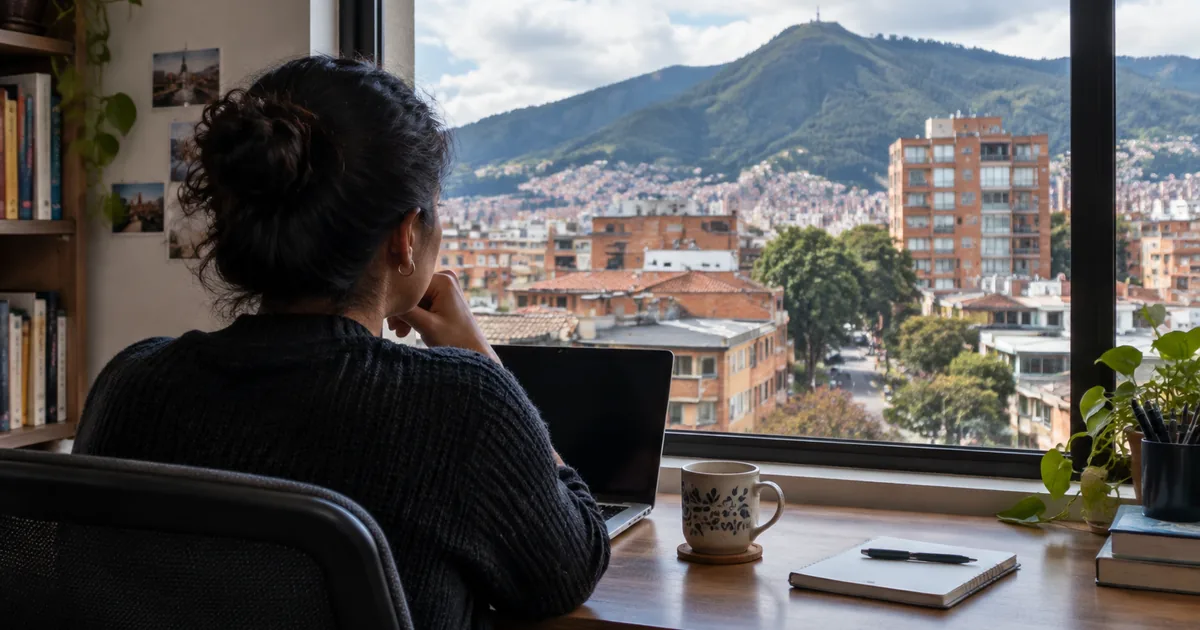 Imagen generada con IA: una persona de espaldas ante una ventana con vistas a una ciudad rodeada de montañas, con un portátil sobre el escritorio (escena ilustrativa con personas ficticias)