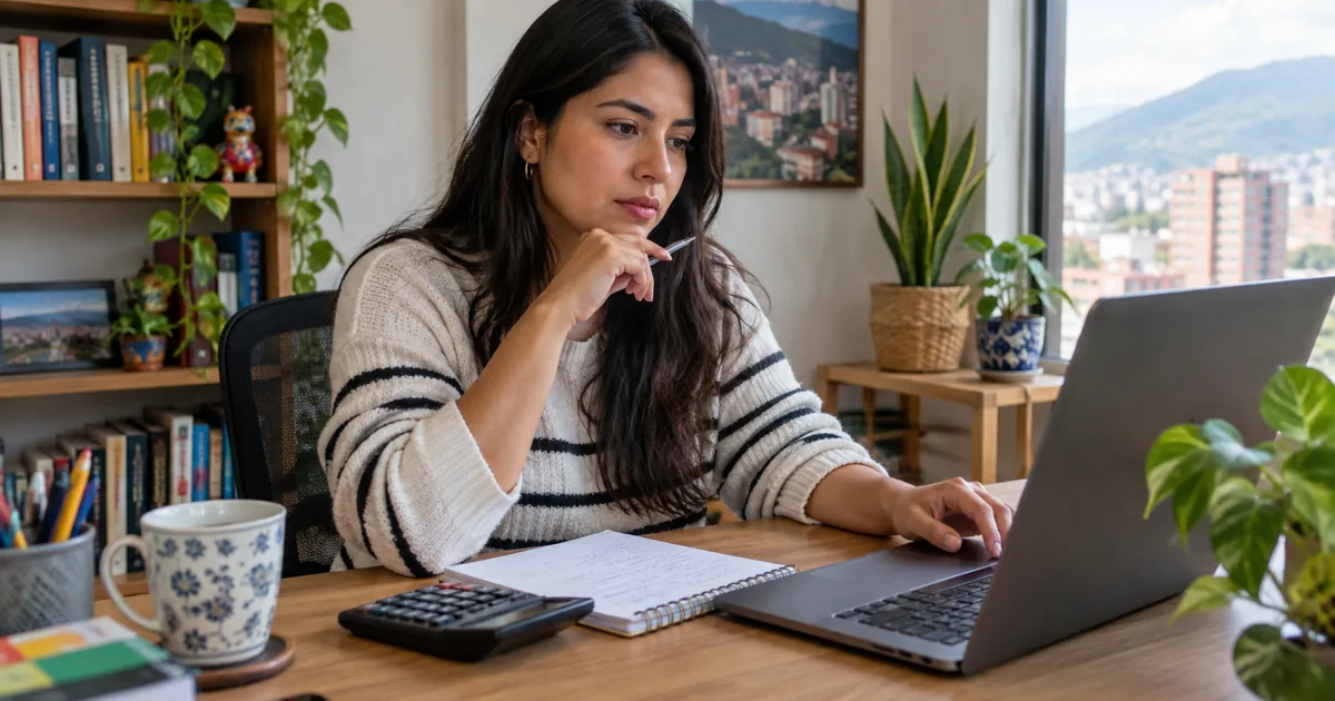 Imagen generada con IA: una mujer pensativa ante un portátil, con una calculadora y una libreta sobre el escritorio (escena ilustrativa con personas ficticias)