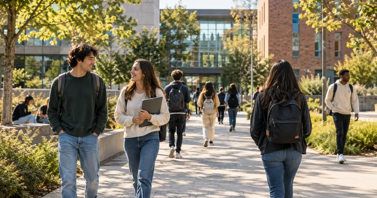 Imagen generada con IA: campus universitario con personas caminando entre edificios (escena ilustrativa con personas ficticias)