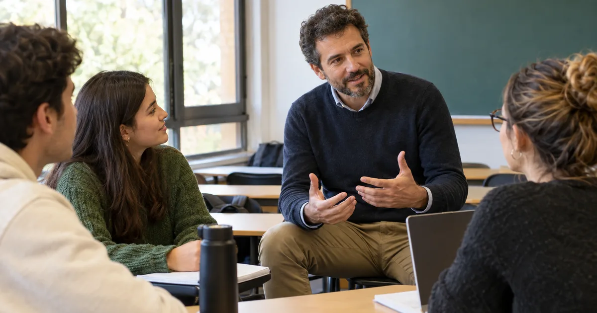 Imagen generada con IA: docente universitario dialogando con estudiantes en un aula (escena ilustrativa con personas ficticias)