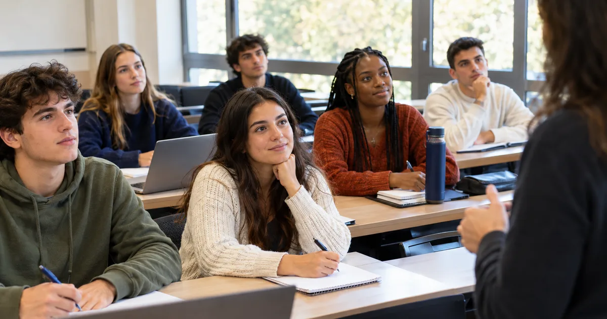 Imagen generada con IA: estudiantes en un aula universitaria durante una clase (escena ilustrativa con personas ficticias)