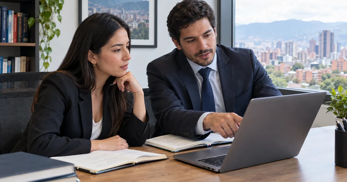 Imagen generada con IA: un hombre y una mujer revisan un portátil y una libreta en una mesa de trabajo (escena ilustrativa con personas ficticias)