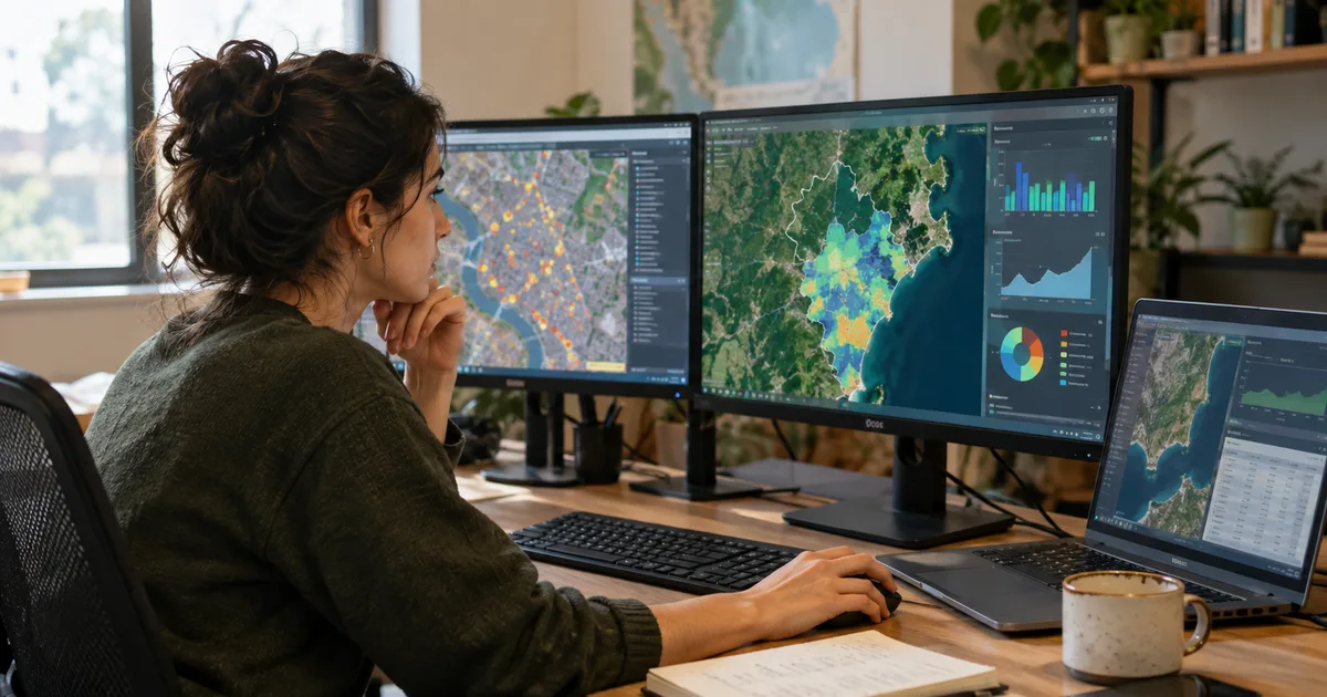 Imagen generada con IA: persona frente a varias pantallas con mapas y datos en una oficina (escena ilustrativa con personas ficticias)