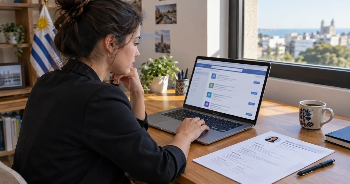 Persona revisando ofertas de trabajo en una laptop con mate al lado