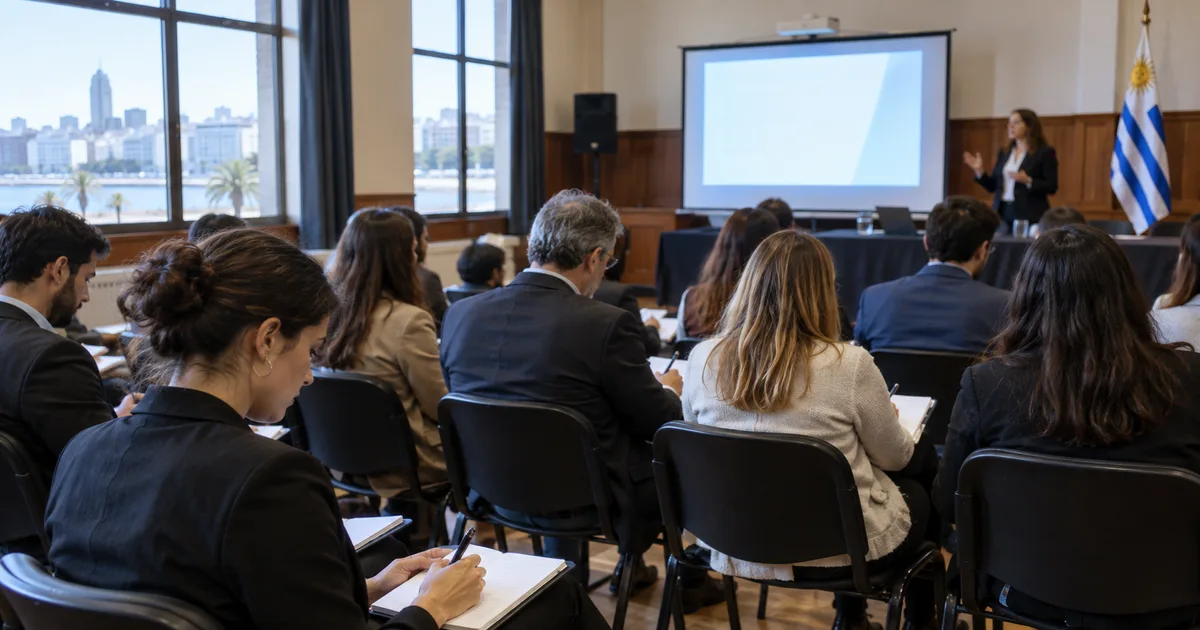 Sala de conferencias universitaria con público asistiendo a una charla
