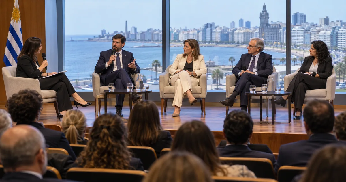Mesa de panel con micrófonos lista para una jornada
