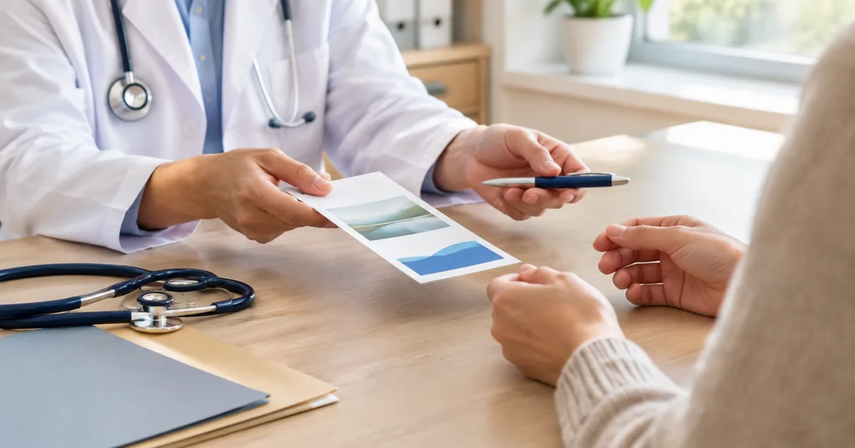 AI-generated image: doctor with a stethoscope handing a document with a picture to a patient across a consulting-room desk; illustrative scene with fictitious people