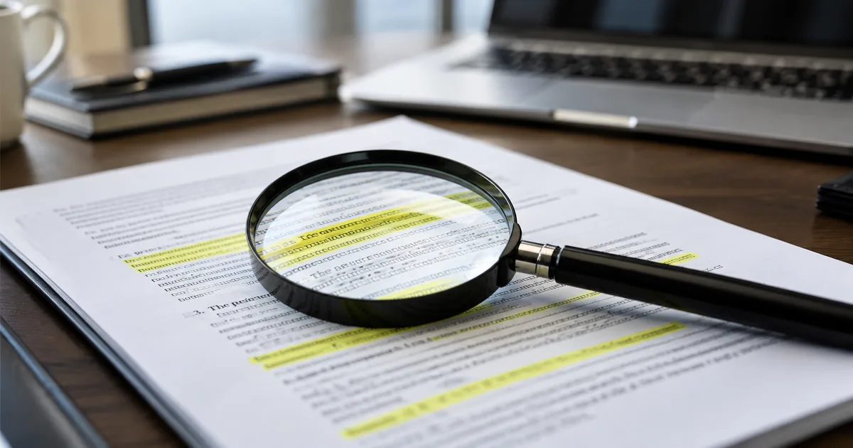 Lupa sobre un documento impreso con anotaciones en rojo