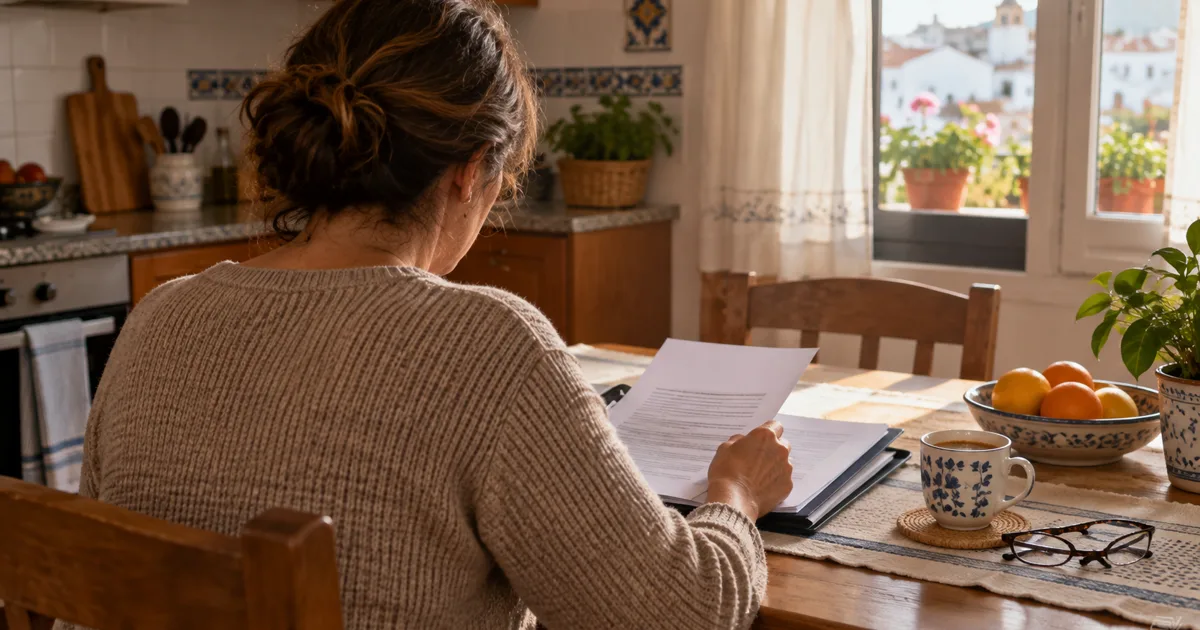 Imagen generada con IA: mujer de espaldas revisando documentos en la mesa de una cocina; escena ilustrativa con personas ficticias