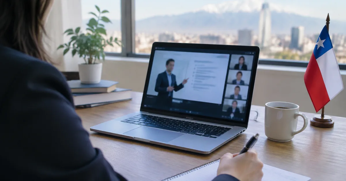 Abogada chilena siguiendo un webinar jurídico desde su computador